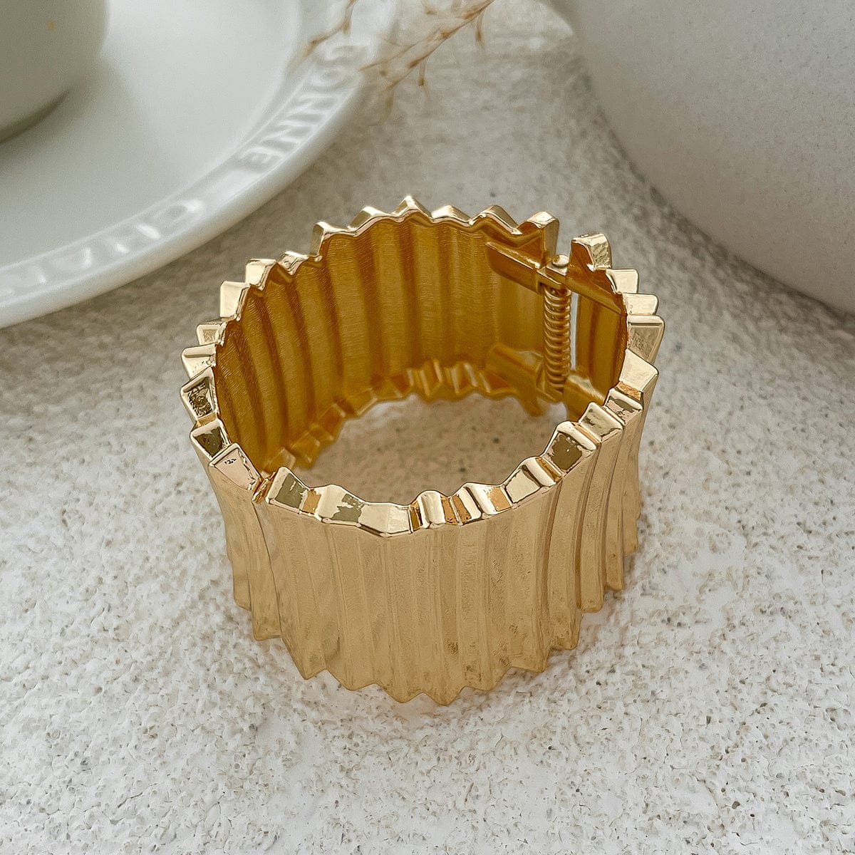 Stylish Gold Silver Tone Wave Wide Cuff Bangle Bracelet - ArtGalleryZen