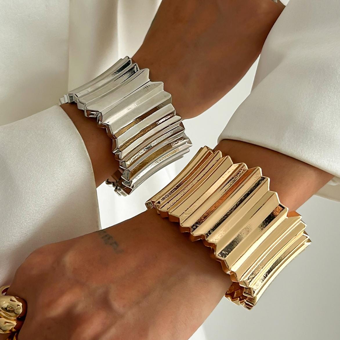 Stylish Gold Silver Tone Wave Wide Cuff Bangle Bracelet - ArtGalleryZen