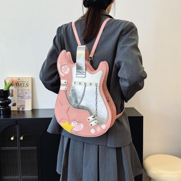 Stylish Guitar Bass Shape PU Leather Backpack Bag