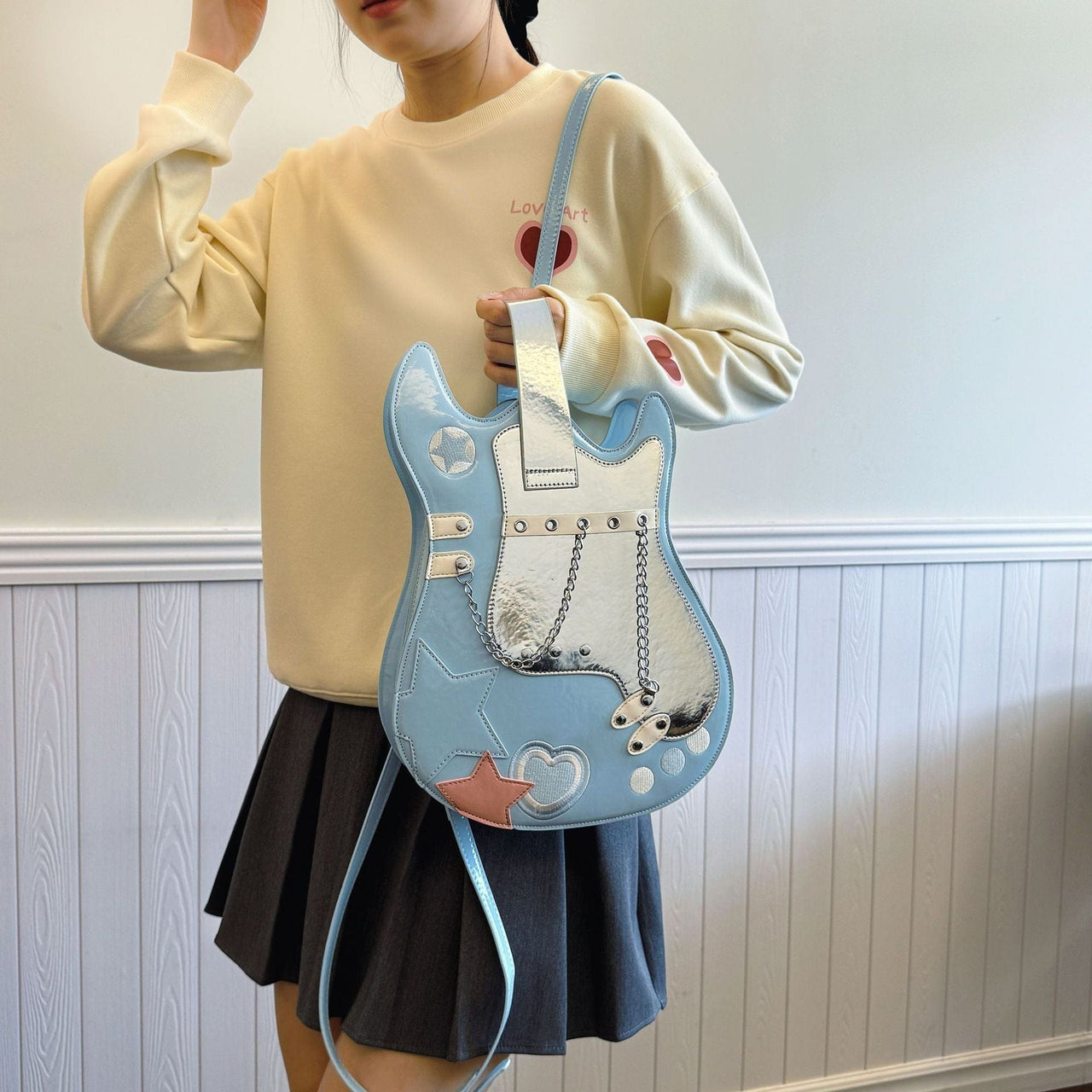 Stylish Guitar Bass Shape PU Leather Backpack Bag