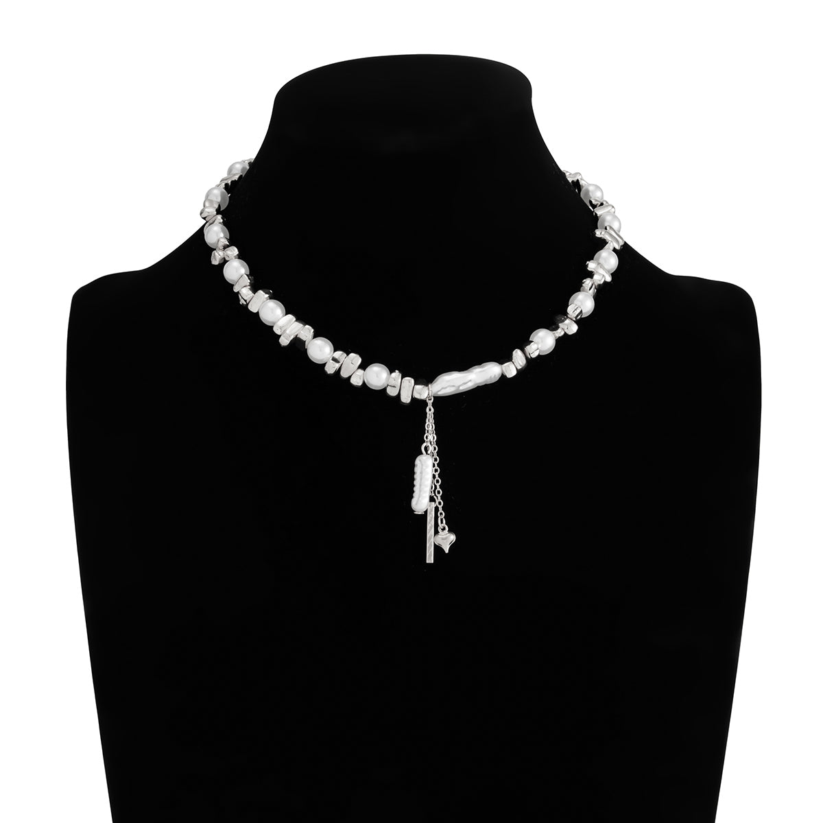 Stylish Heart Pendant Irregular Pearl Beaded Chain Choker Necklace - ArtGalleryZen