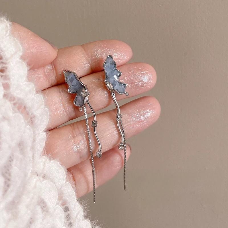 Stylish Irregular Crystal Stone Inlaid Butterfly Tassel Chain Earrings - ArtGalleryZen