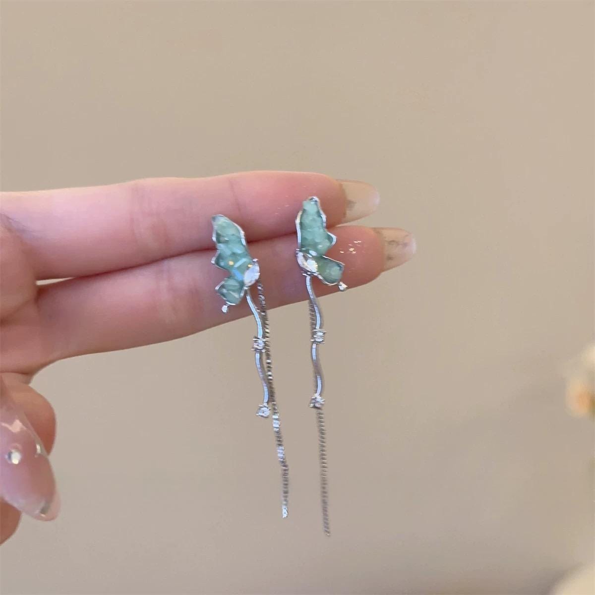 Stylish Irregular Crystal Stone Inlaid Butterfly Tassel Chain Earrings - ArtGalleryZen