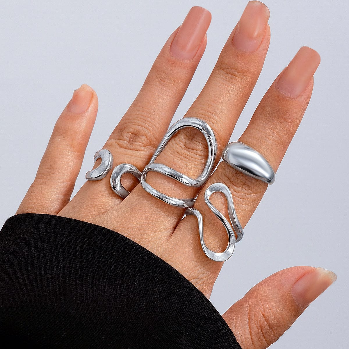 Stylish Irregular Curved Hollow Glossy Open Ring Set - ArtGalleryZen