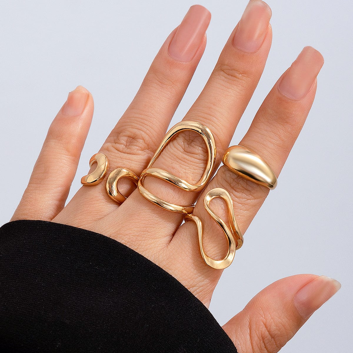 Stylish Irregular Curved Hollow Glossy Open Ring Set - ArtGalleryZen