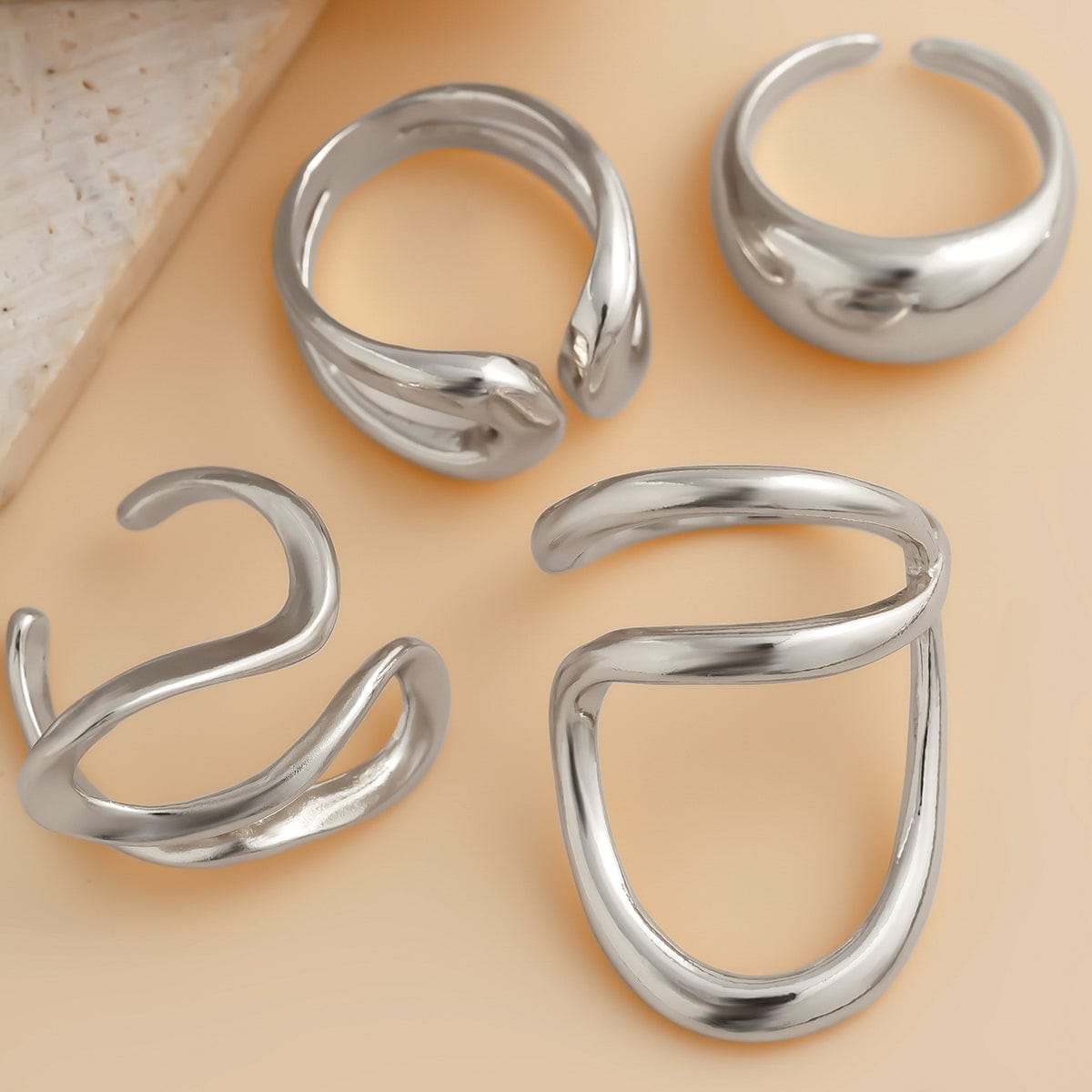 Stylish Irregular Curved Hollow Glossy Open Ring Set - ArtGalleryZen