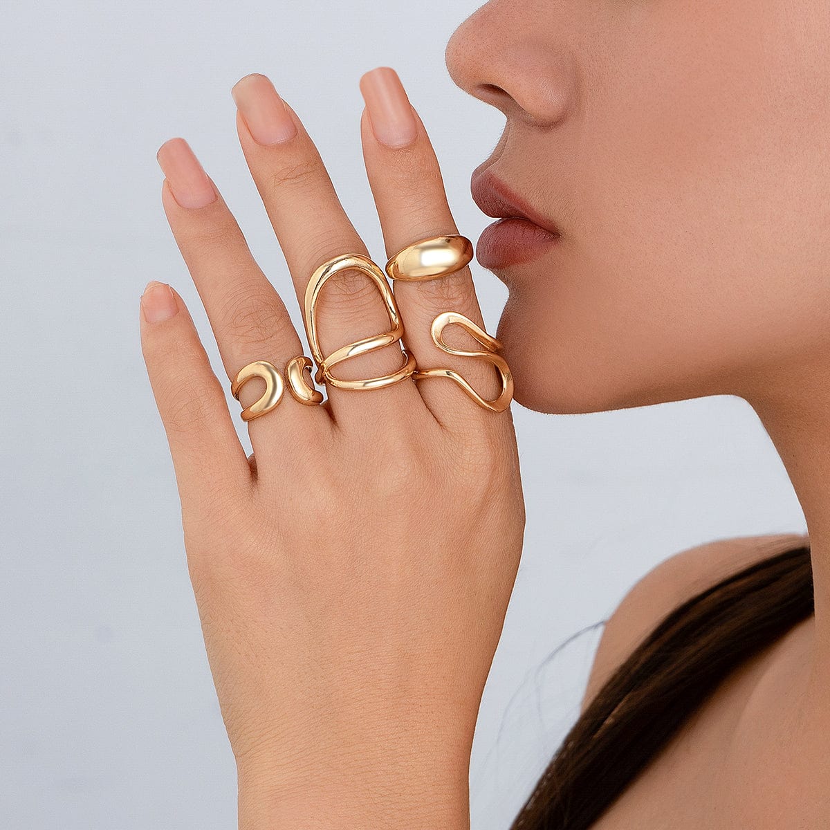 Stylish Irregular Curved Hollow Glossy Open Ring Set