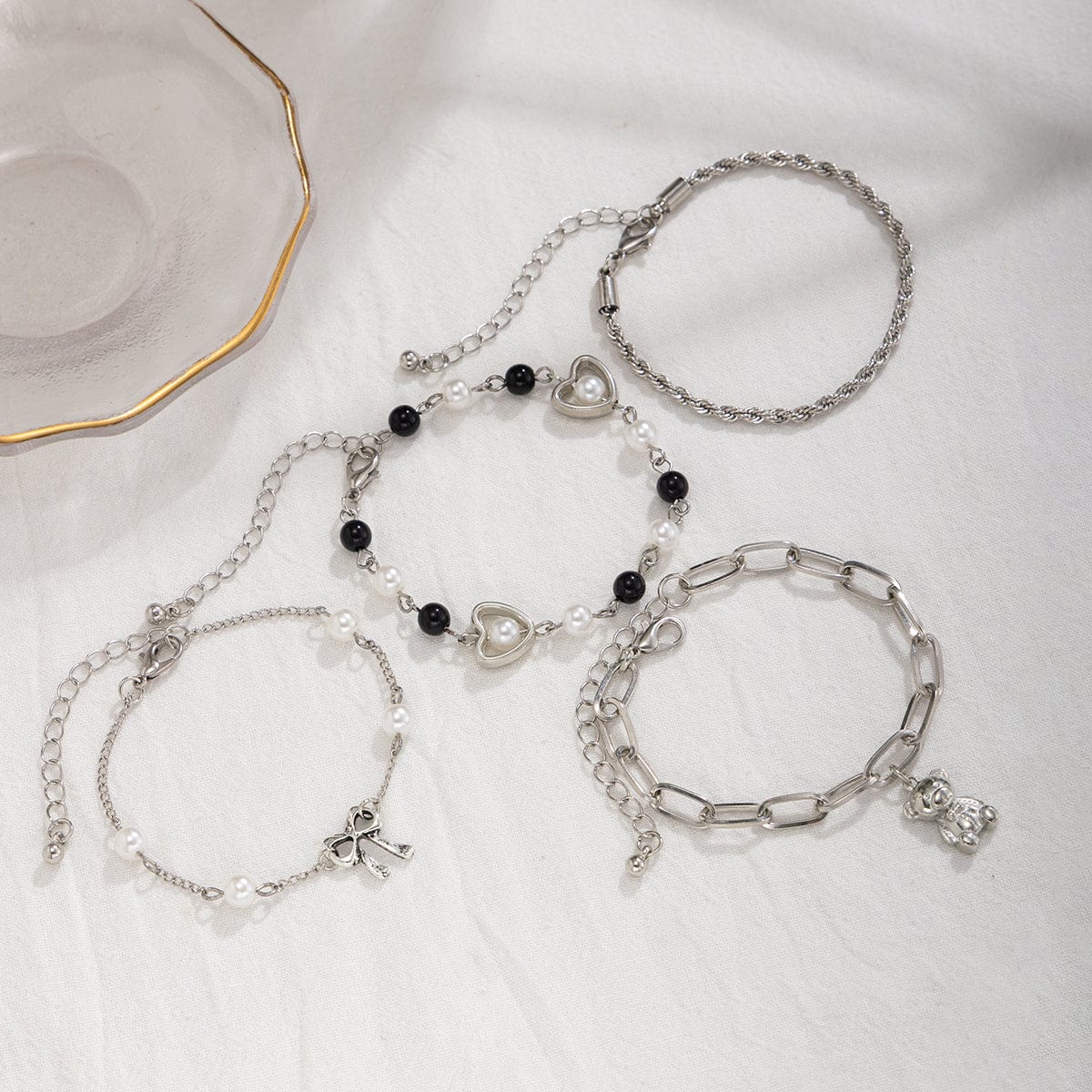 Stylish Layered Bear Bowknot Charm Pearl Rope Chain Bracelet Set - ArtGalleryZen