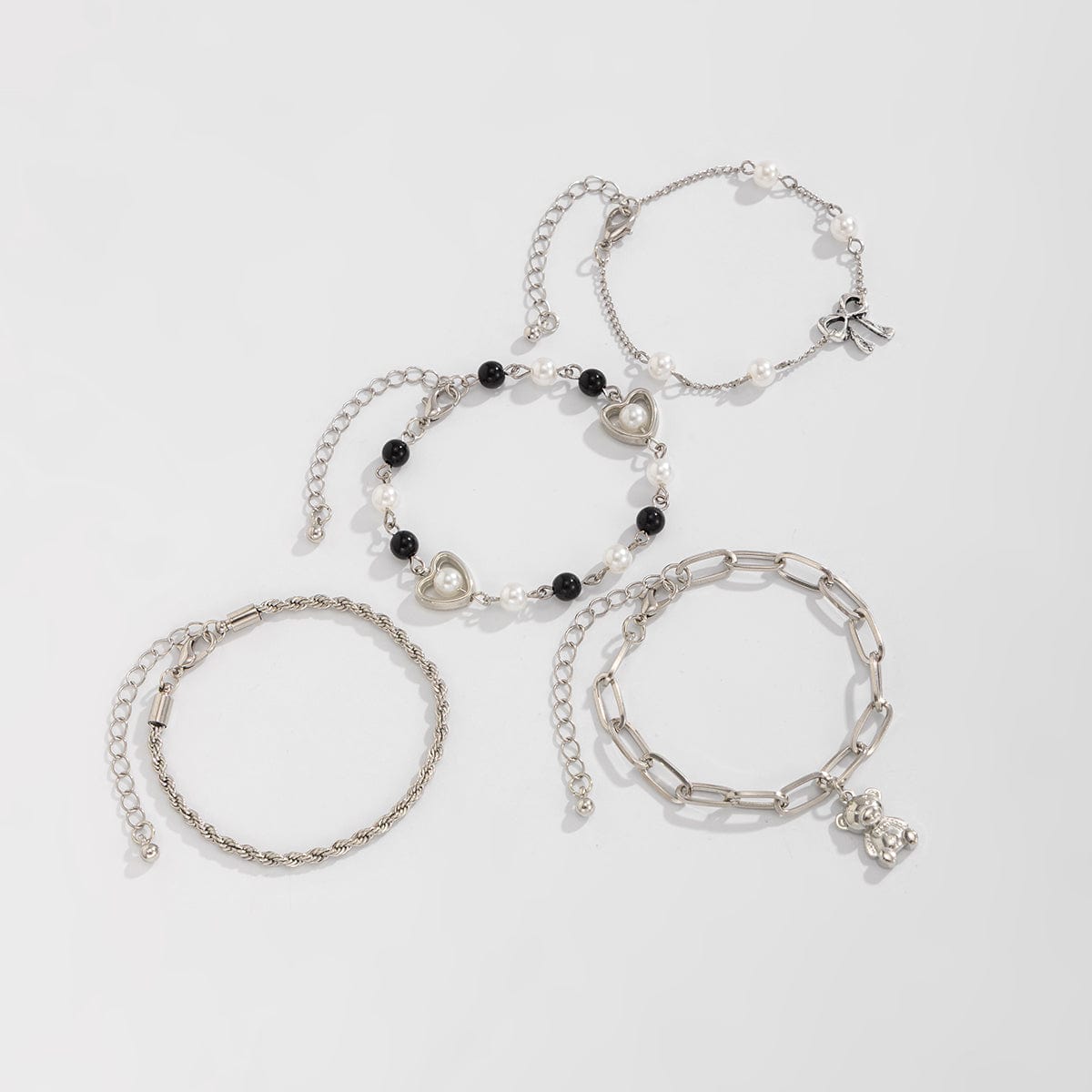 Stylish Layered Bear Bowknot Charm Pearl Rope Chain Bracelet Set - ArtGalleryZen