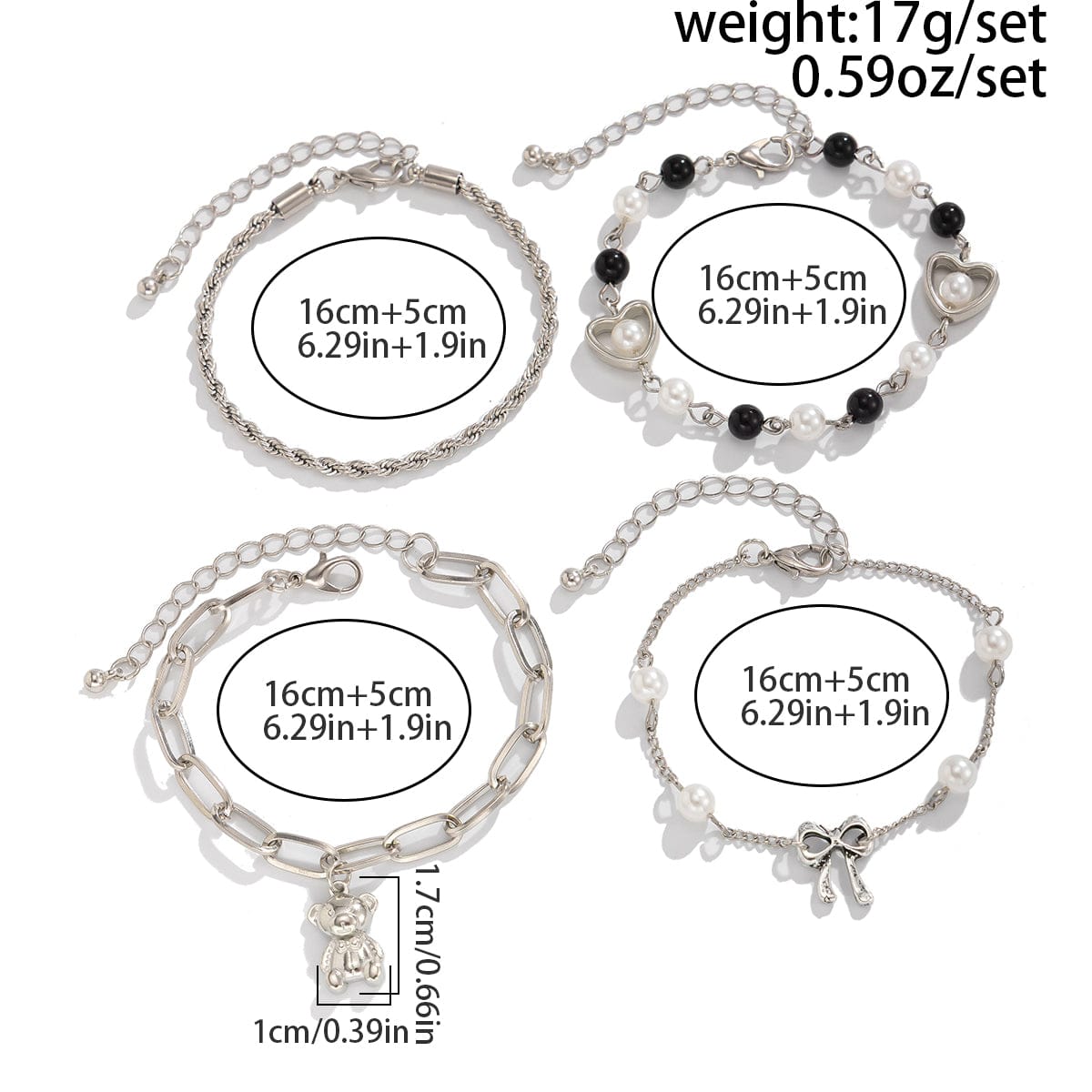 Stylish Layered Bear Bowknot Charm Pearl Rope Chain Bracelet Set - ArtGalleryZen