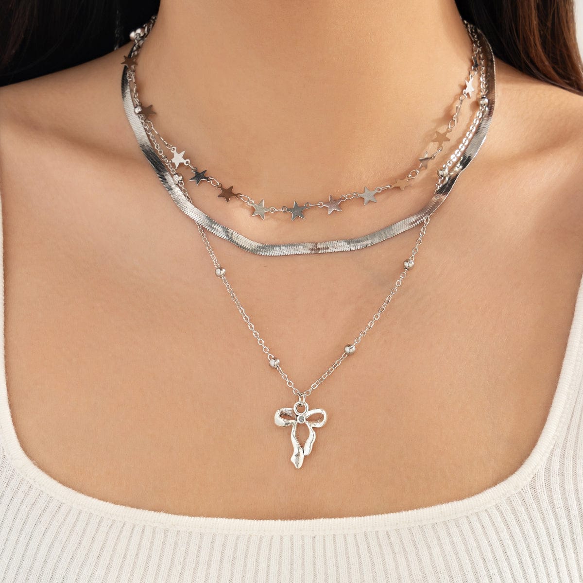 Stylish Layered Bowknot Charm Star Saturn Chain Necklace Set