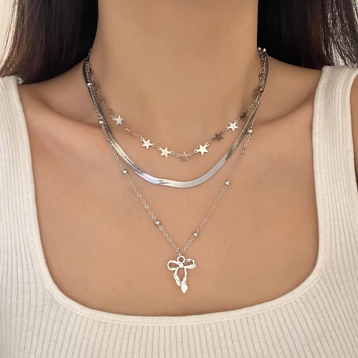 Stylish Layered Bowknot Charm Star Saturn Chain Necklace Set