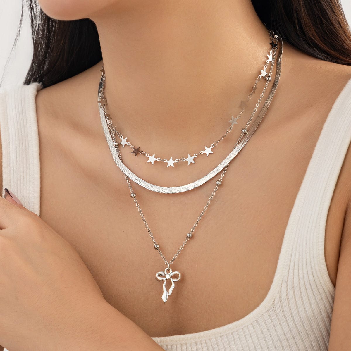 Stylish Layered Bowknot Charm Star Saturn Chain Necklace Set