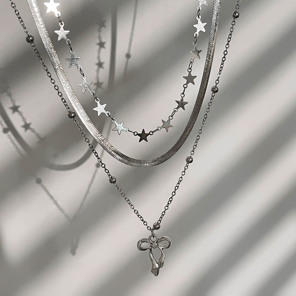 Stylish Layered Bowknot Charm Star Saturn Chain Necklace Set