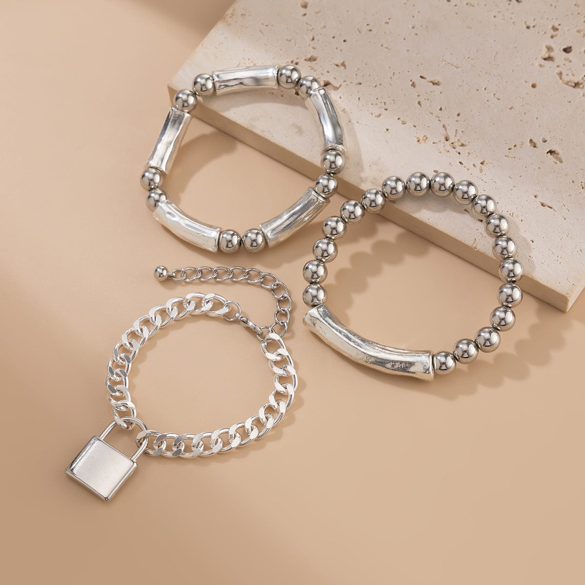 Stylish Layered Chunky Lock Charm Curb Ball Chain Bracelet Set - ArtGalleryZen