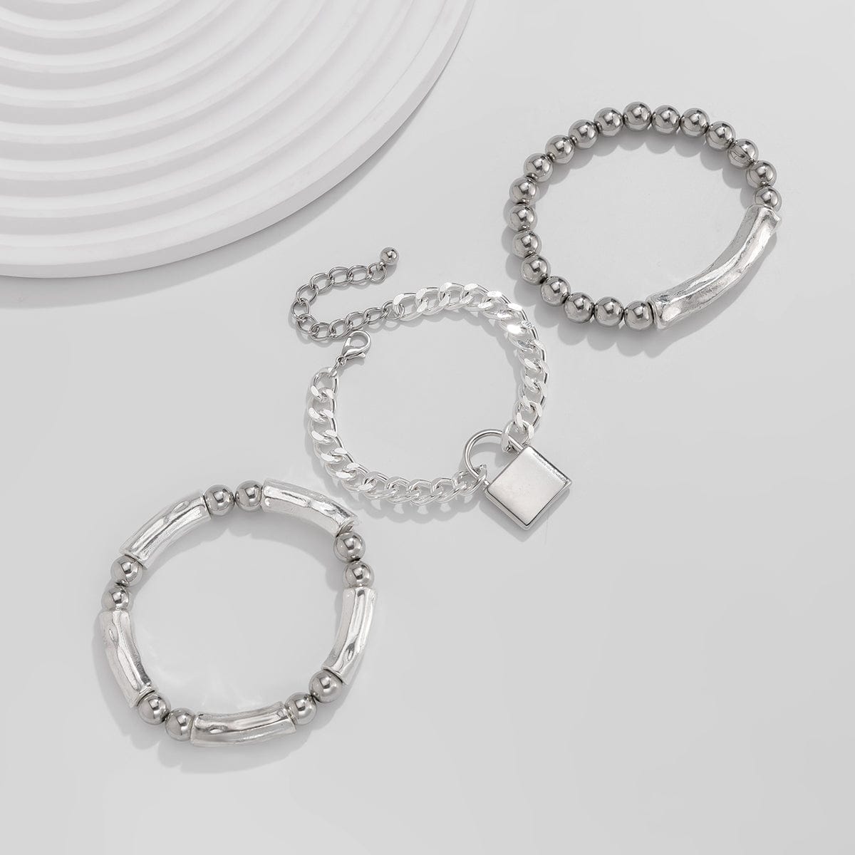 Stylish Layered Chunky Lock Charm Curb Ball Chain Bracelet Set - ArtGalleryZen