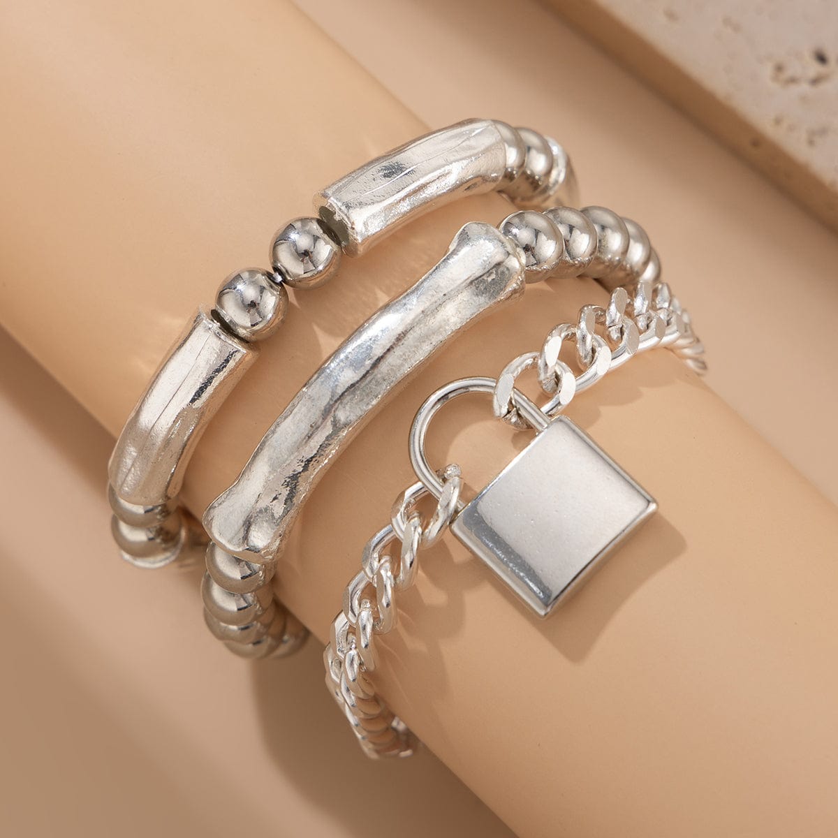 Stylish Layered Chunky Lock Charm Curb Ball Chain Bracelet Set