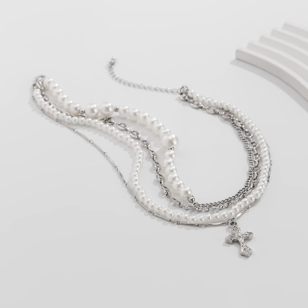 Stylish Layered Cross Pendant Pearl Chain Necklace - ArtGalleryZen