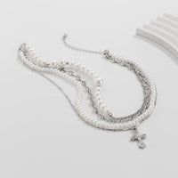 Thumbnail for Stylish Layered Cross Pendant Pearl Chain Necklace - ArtGalleryZen