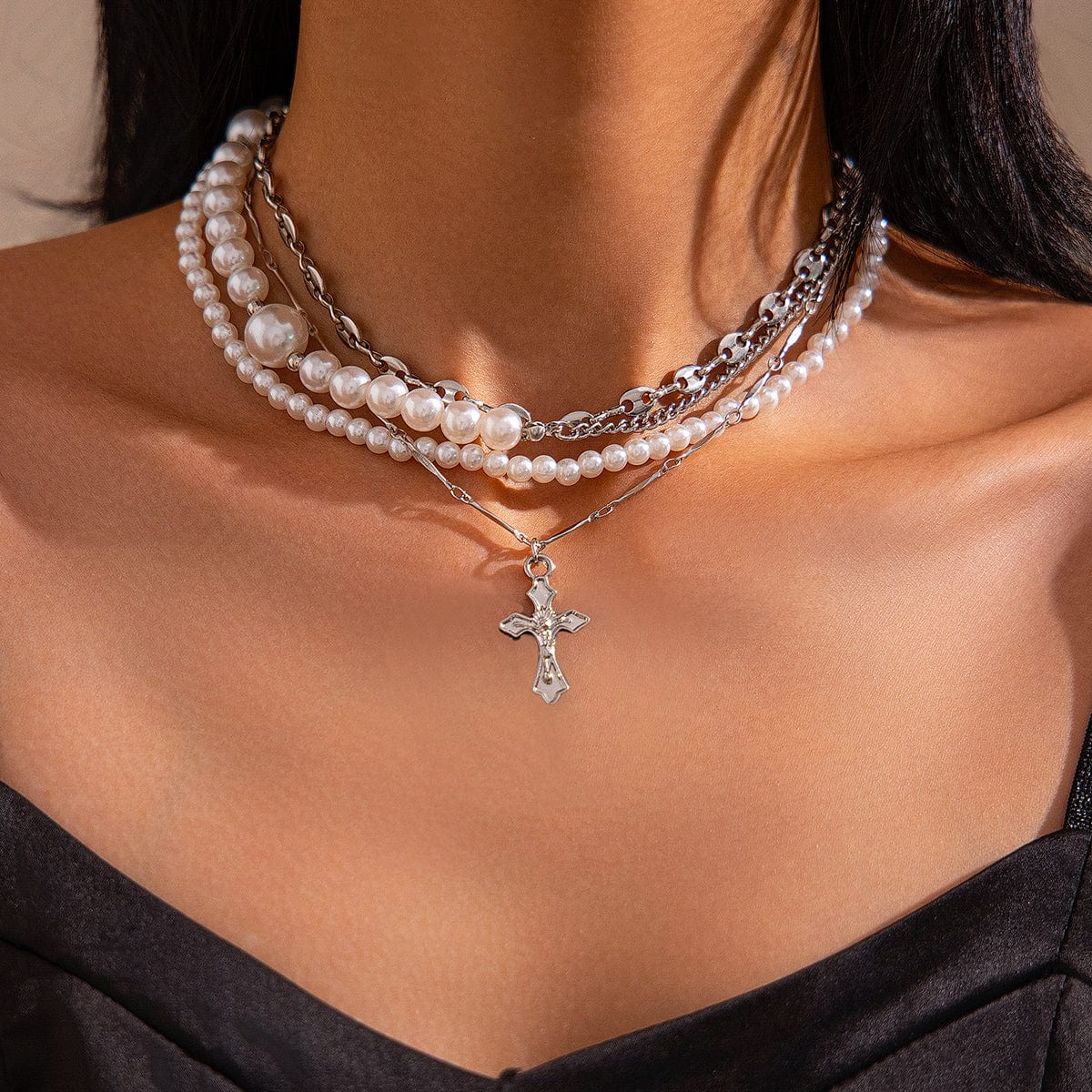 Stylish Layered Cross Pendant Pearl Chain Necklace - ArtGalleryZen