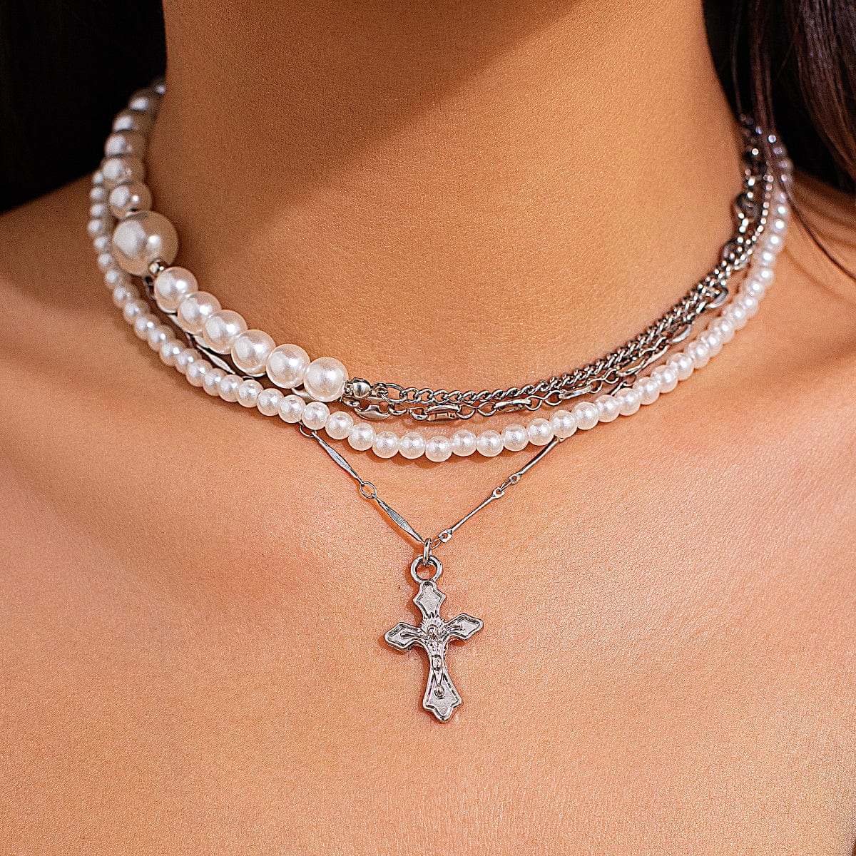 Stylish Layered Cross Pendant Pearl Chain Necklace - ArtGalleryZen