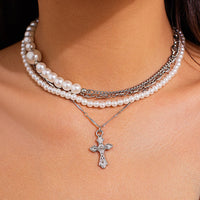 Thumbnail for Stylish Layered Cross Pendant Pearl Chain Necklace - ArtGalleryZen