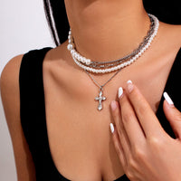 Thumbnail for Stylish Layered Cross Pendant Pearl Chain Necklace