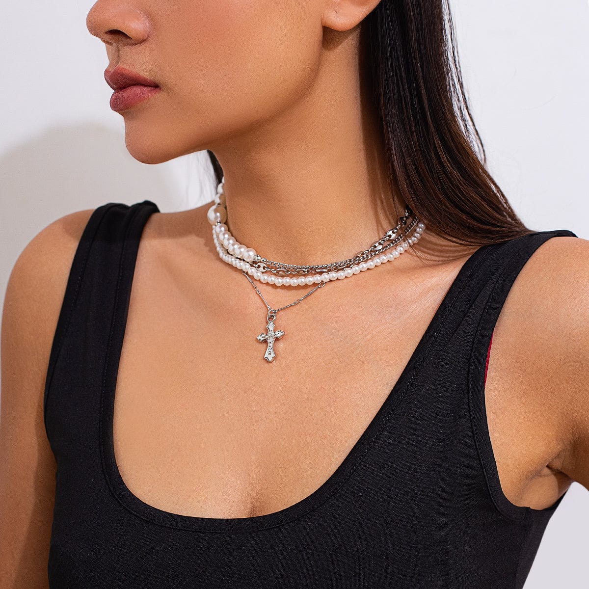 Stylish Layered Cross Pendant Pearl Chain Necklace