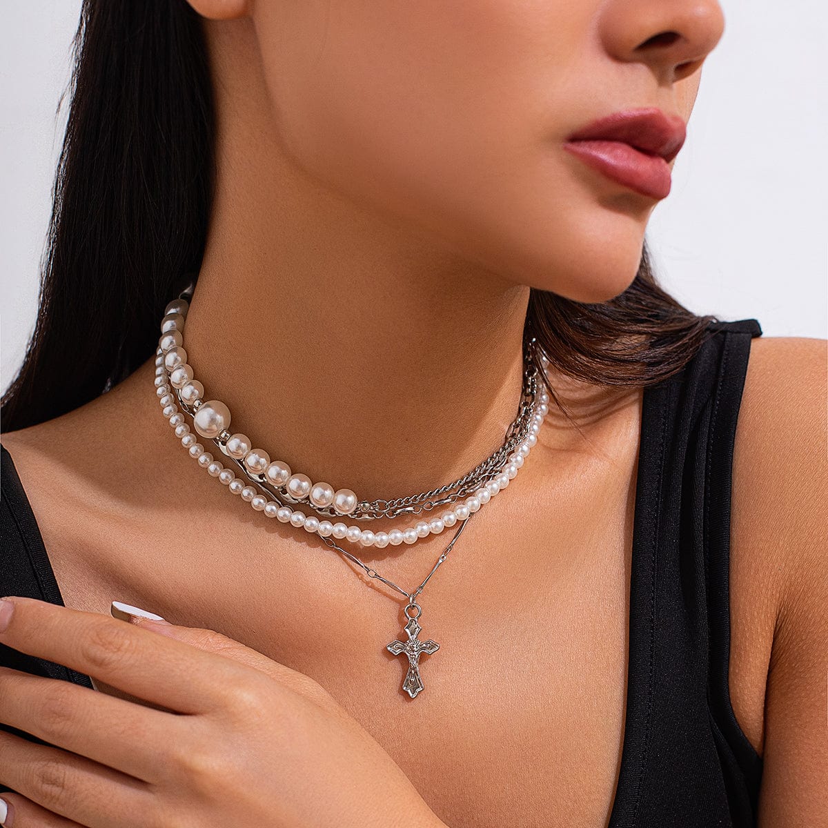 Stylish Layered Cross Pendant Pearl Chain Necklace