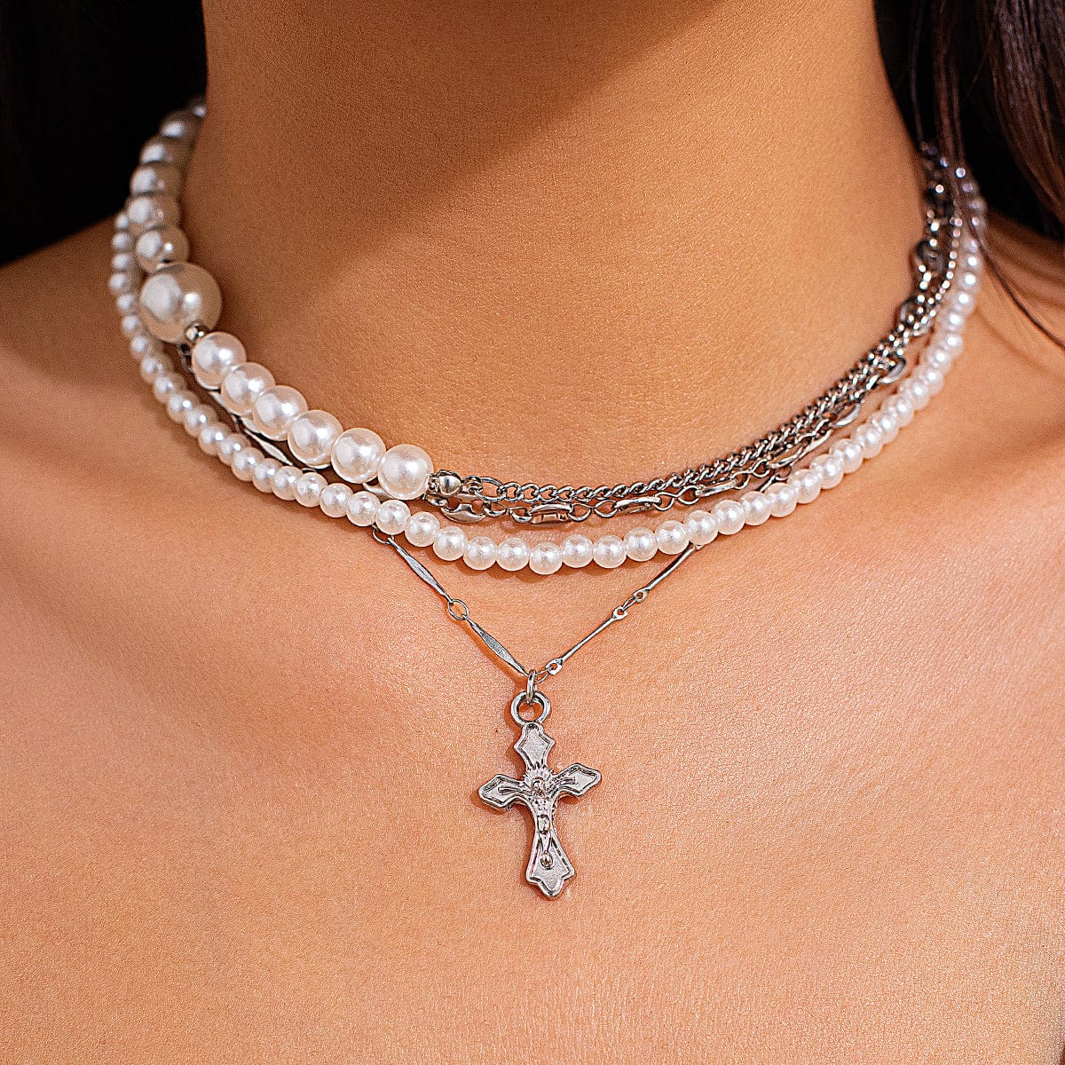 Stylish Layered Cross Pendant Pearl Chain Necklace