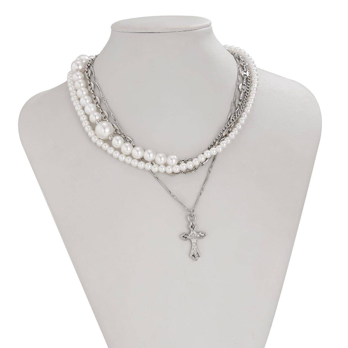 Stylish Layered Cross Pendant Pearl Chain Necklace