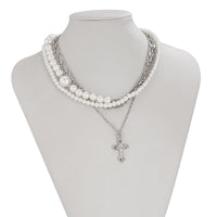 Thumbnail for Stylish Layered Cross Pendant Pearl Chain Necklace