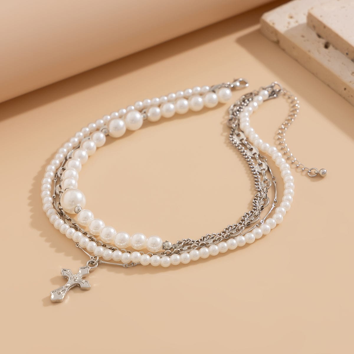 Stylish Layered Cross Pendant Pearl Chain Necklace