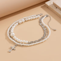 Thumbnail for Stylish Layered Cross Pendant Pearl Chain Necklace