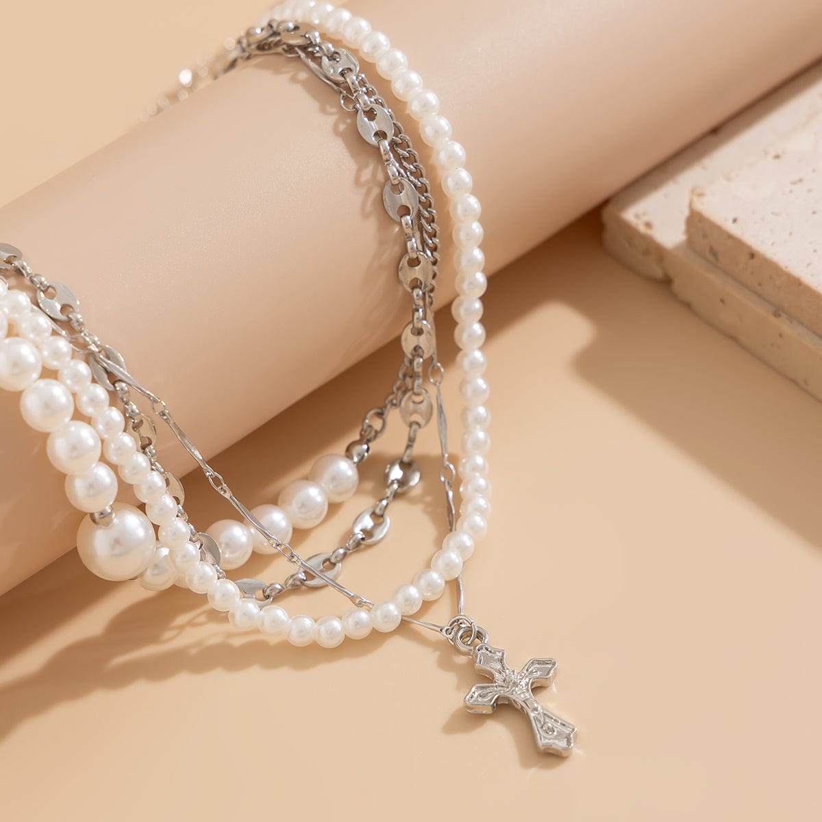 Stylish Layered Cross Pendant Pearl Chain Necklace