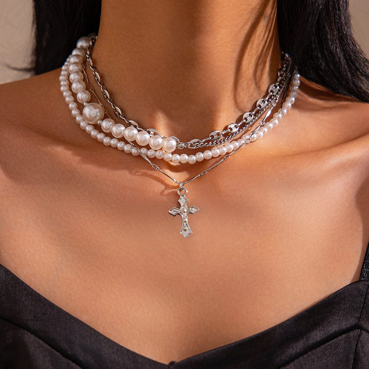 Stylish Layered Cross Pendant Pearl Chain Necklace