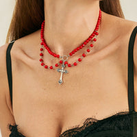 Thumbnail for Stylish Layered Floral Cross Pendant Red Pearl Chain Necklace - ArtGalleryZen