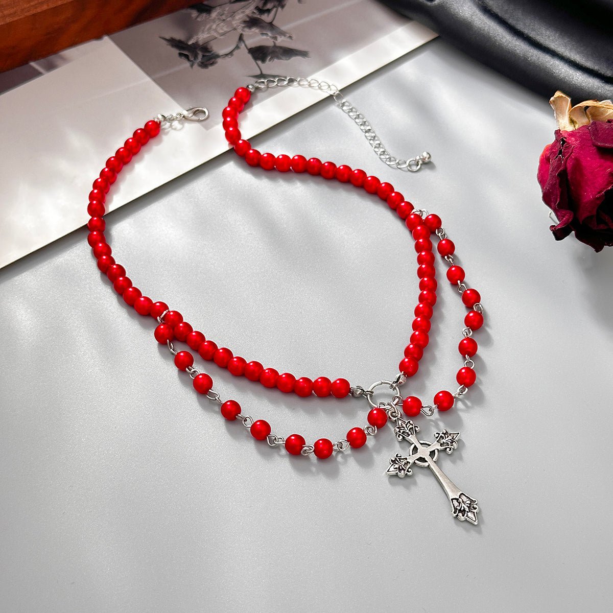 Stylish Layered Floral Cross Pendant Red Pearl Chain Necklace - ArtGalleryZen