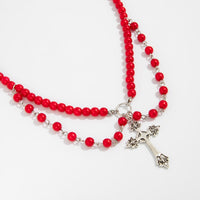 Thumbnail for Stylish Layered Floral Cross Pendant Red Pearl Chain Necklace - ArtGalleryZen