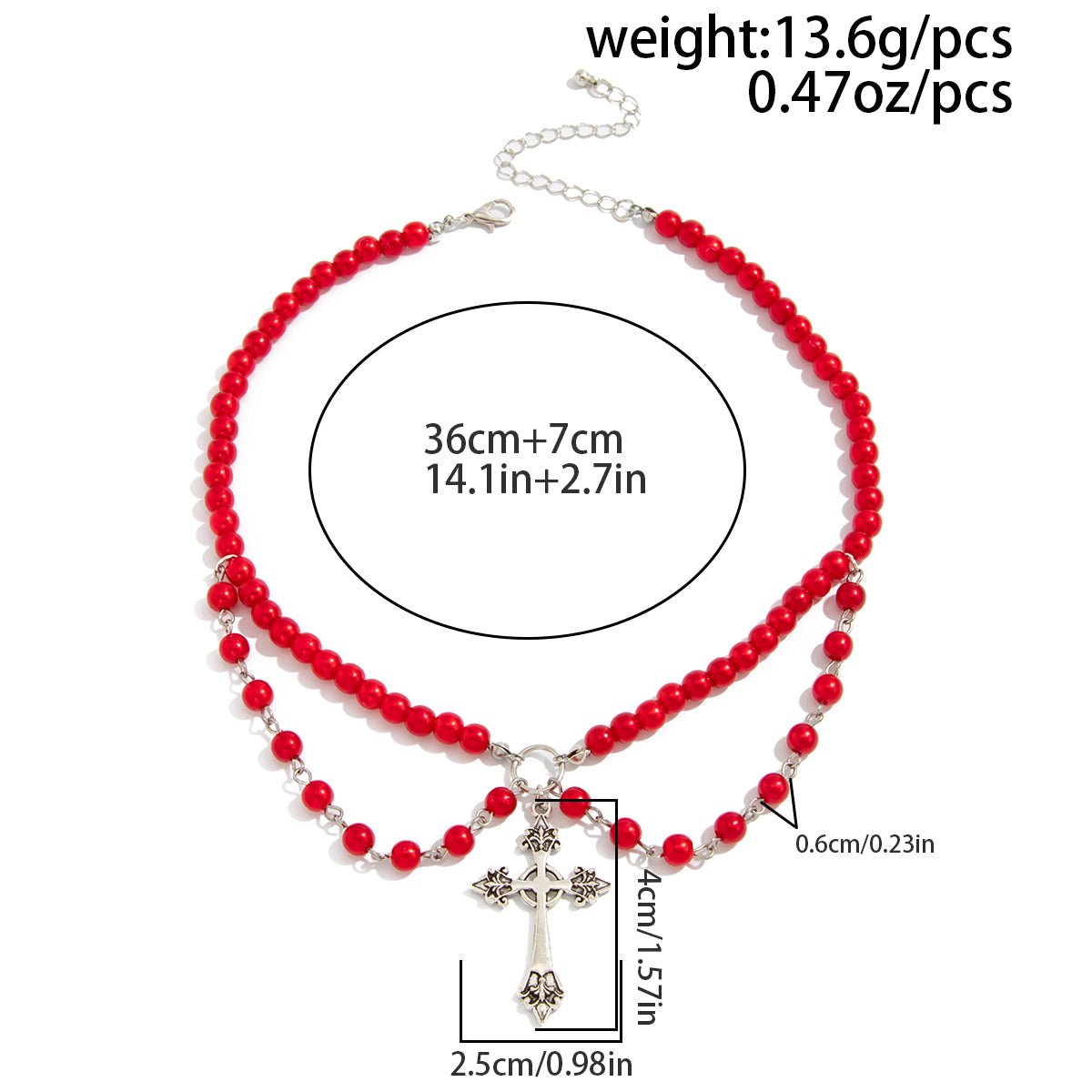 Stylish Layered Floral Cross Pendant Red Pearl Chain Necklace - ArtGalleryZen