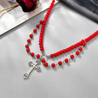 Thumbnail for Stylish Layered Floral Cross Pendant Red Pearl Chain Necklace - ArtGalleryZen