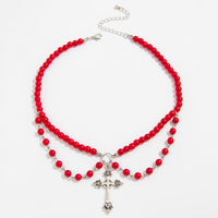 Thumbnail for Stylish Layered Floral Cross Pendant Red Pearl Chain Necklace - ArtGalleryZen