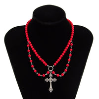 Thumbnail for Stylish Layered Floral Cross Pendant Red Pearl Chain Necklace - ArtGalleryZen