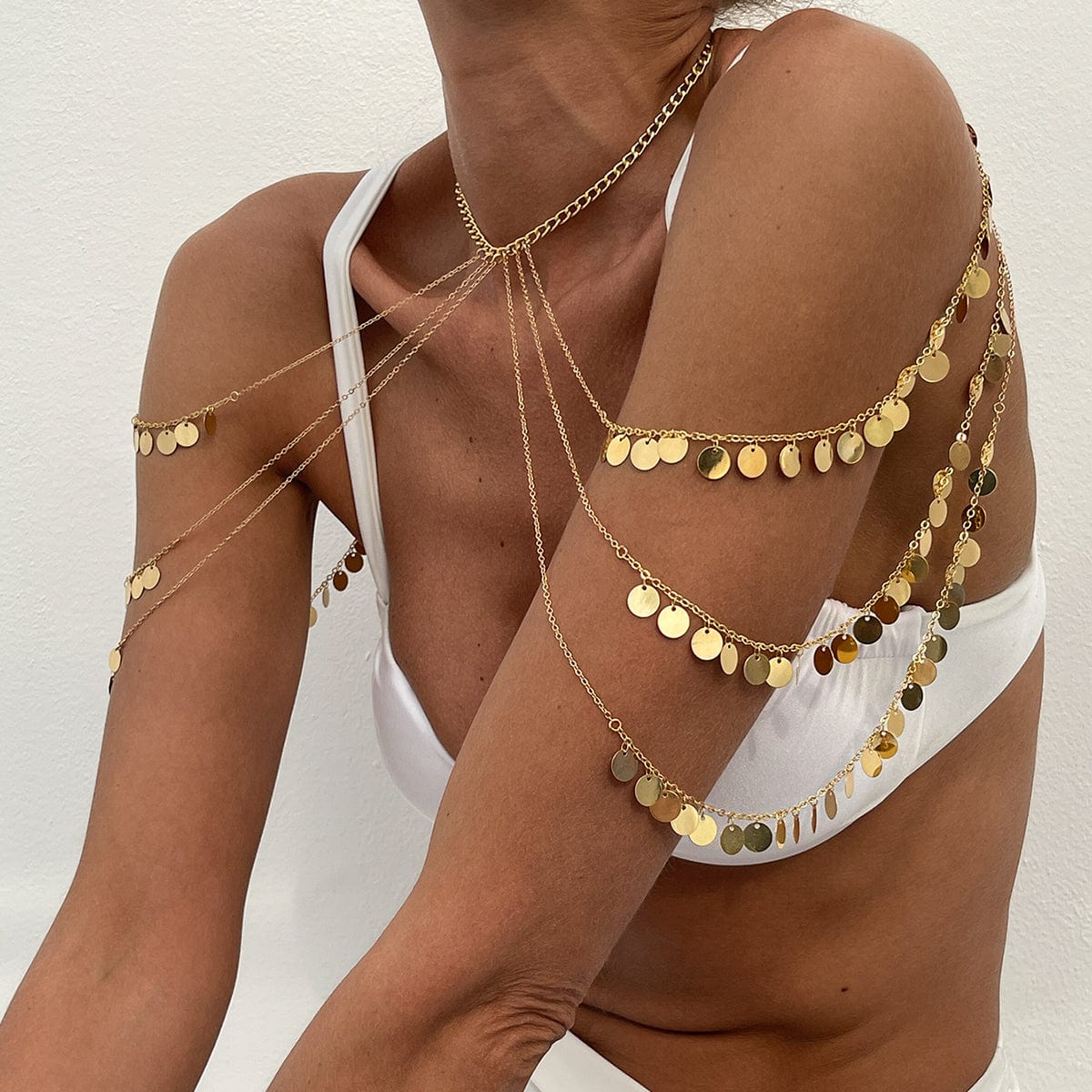 Stylish Layered Gold Tone Sequin Tassel Chain Shoulder Necklace - ArtGalleryZen