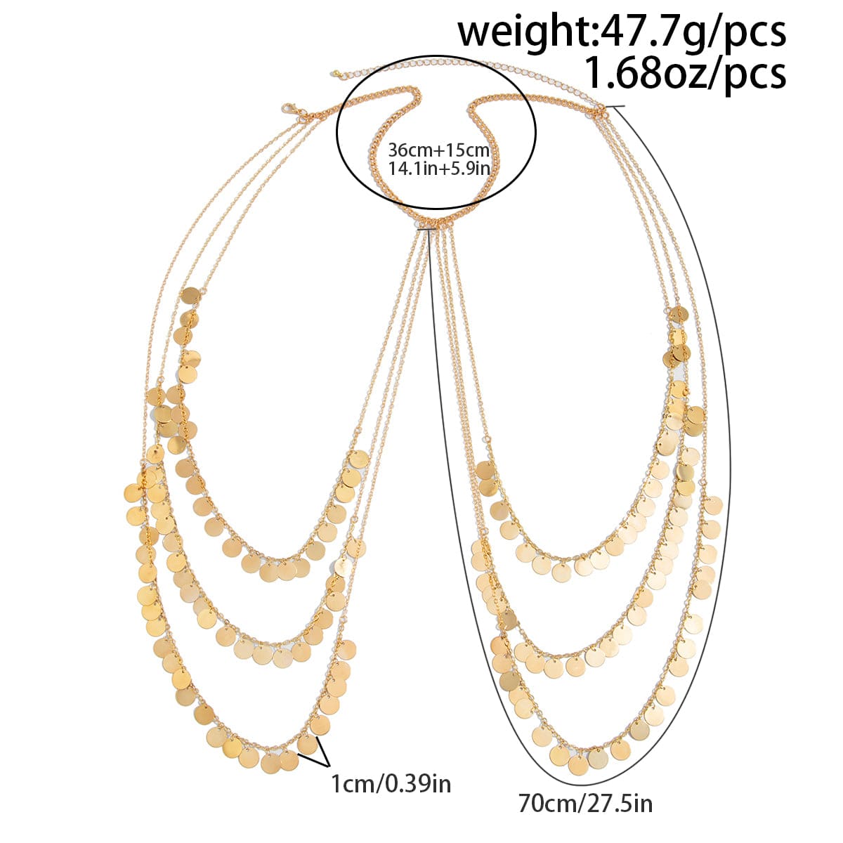 Stylish Layered Gold Tone Sequin Tassel Chain Shoulder Necklace