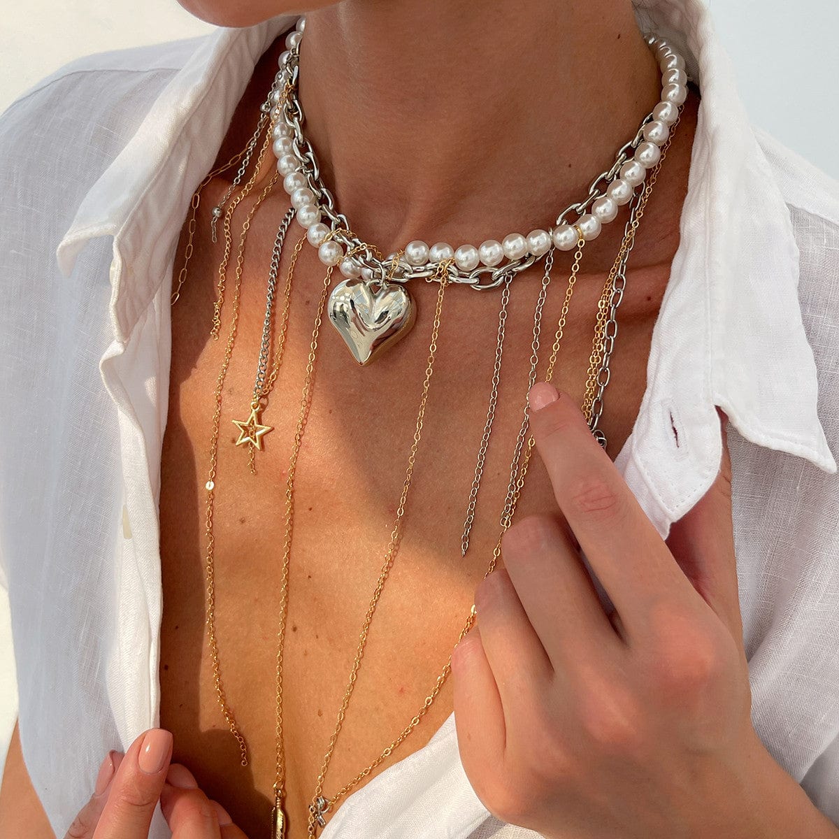 Stylish Layered Heart Pendant Cross Star Tassel Long Chain Pearl Necklace - ArtGalleryZen