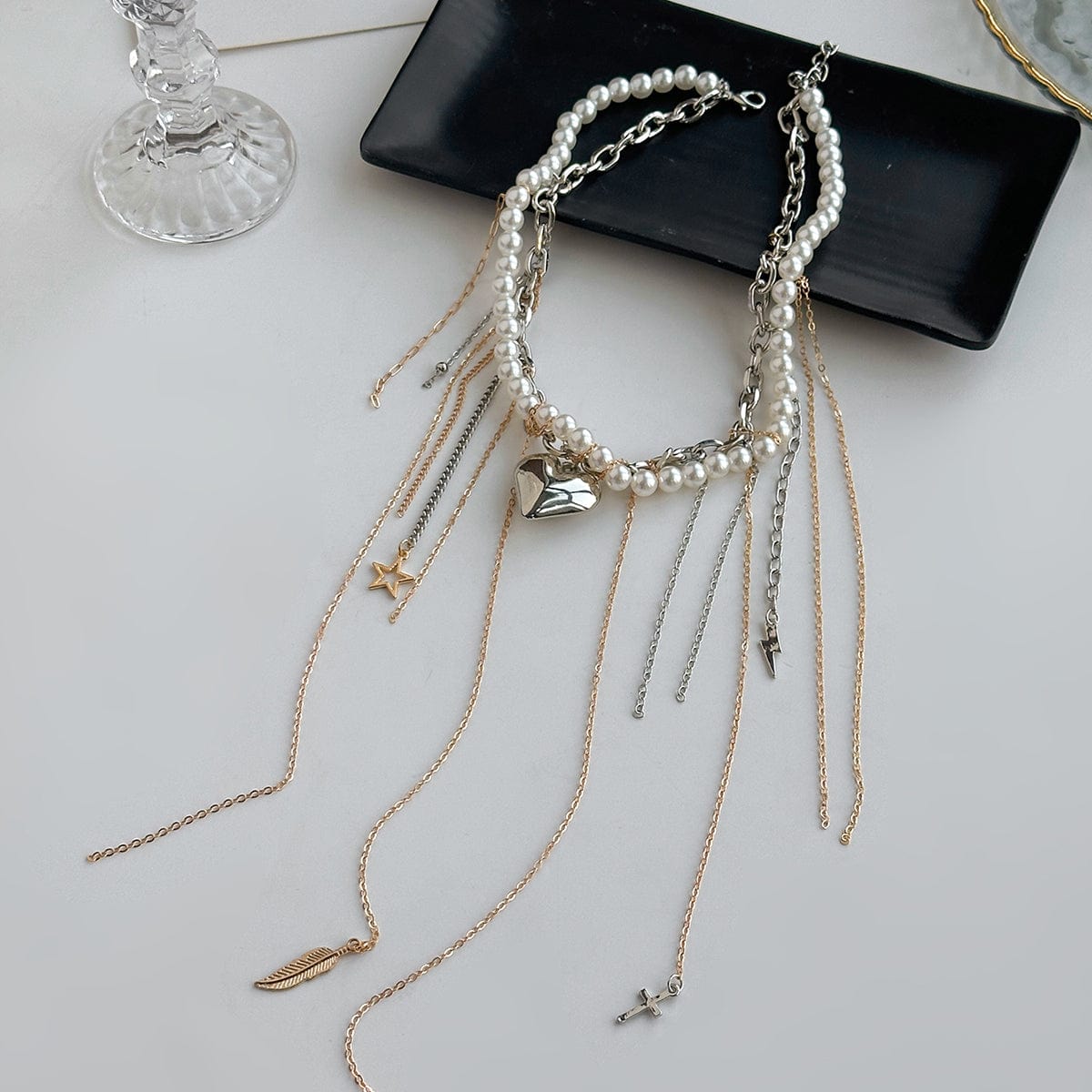 Stylish Layered Heart Pendant Cross Star Tassel Long Chain Pearl Necklace - ArtGalleryZen