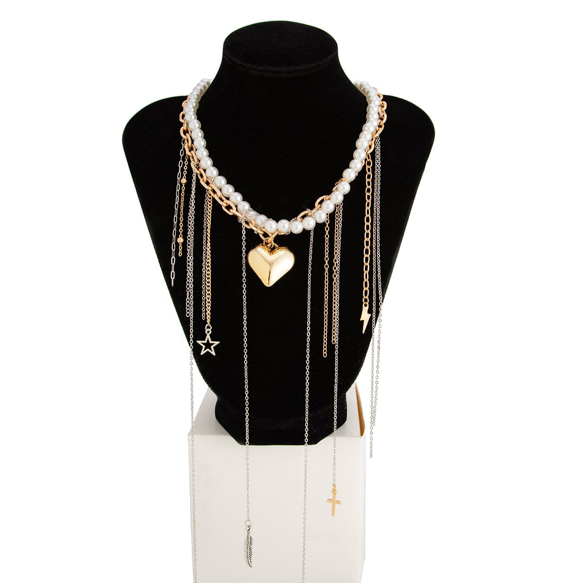Stylish Layered Heart Pendant Cross Star Tassel Long Chain Pearl Necklace - ArtGalleryZen