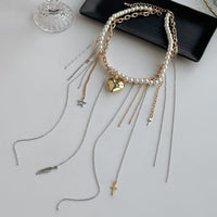 Thumbnail for Stylish Layered Heart Pendant Cross Star Tassel Long Chain Pearl Necklace - ArtGalleryZen