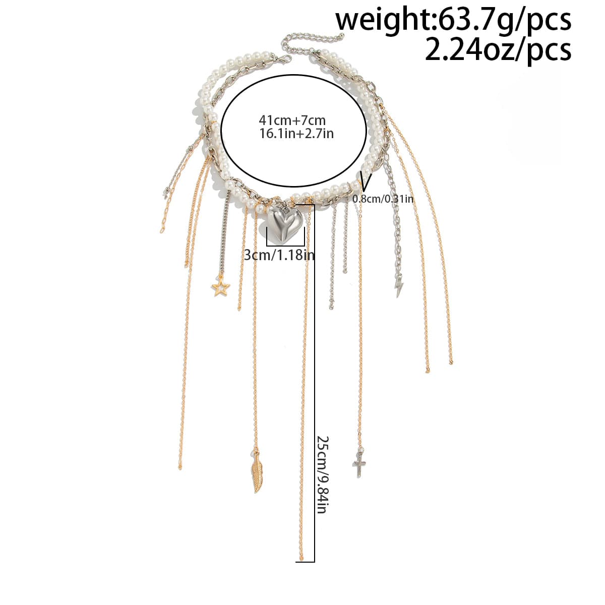 Stylish Layered Heart Pendant Cross Star Tassel Long Chain Pearl Necklace - ArtGalleryZen